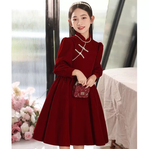Disney girls princess dress new velvet autumn and winter children's red cheongsam style dress New Year skirt dress red velvet style velvet lining 120