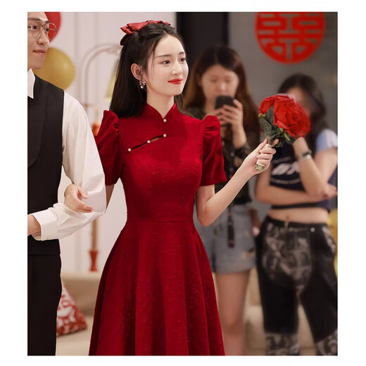 Lisaft 2025 Spring Autumn and Winter New Women's Dress Temperament Chinese Cheongsam Red Toast Dress Long Sleeve Dress S 85-98Jin Jin is equal to 0.5 kg