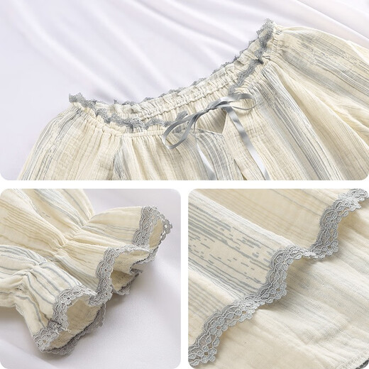 Hanziduo double-layer gauze cotton gauze couple pajamas for women spring and autumn pure cotton linen long-sleeved summer seersucker baby cotton men's home clothes 3221 female L