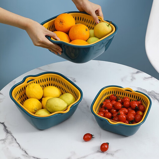 Chunshao vegetable sink kitchen drain basket washing vegetable basin vegetable basket multi-functional fruit plate vegetable basket thickened drain basket 2-piece set large blue and yellow two-color