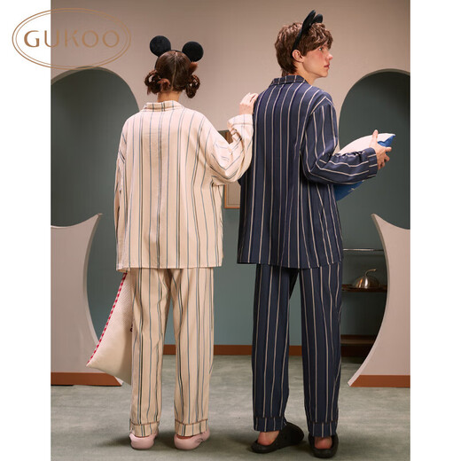 Gukoo couples pajamas Disney series joint spring and autumn home clothes striped lapel pajamas for men and women almond white women M