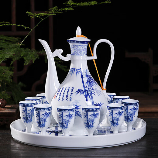 Xihe Yinyao Xihetang Jingdezhen Ceramic Wine Set Liquor Goblet Spirit Cup Blue and White Flask Set Wine Cup Qingzhulin Model (1 Pot, 10 Cups, 1 Tray)