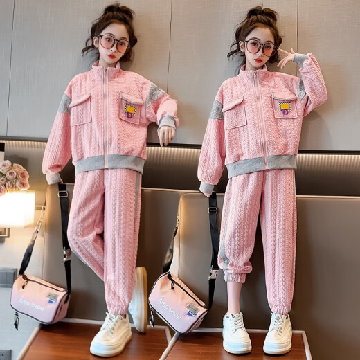 Katao Bear children's clothing girls suit spring new children's Korean sports two-piece set for older children 3-15 years old little girl clothes pink 150