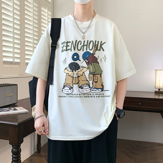 柏乐迪初中高中学生短袖t恤12-16岁男孩帅气夏装14大童潮牌半袖棉上衣服 695米色（单件短袖） 高品质 160 M （70-90斤左右）