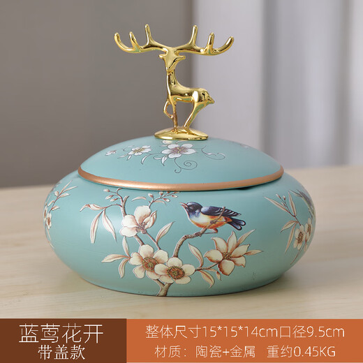 Tila Cenicero Americano para el hogar con Tapa Personalidad Creativa Sala de Estar Europea Mesa de Centro Retro Cerámica Cenicero Grande Adorno 1047 Estilo Flor y pájaro Oriole Azul