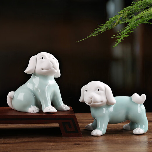 Bamboo celadon cute puppy tea pet ornaments tea set accessories creative ceramic handmade zodiac cute dog tea table decoration can be raised Xiaowangcai-Ge Kiln