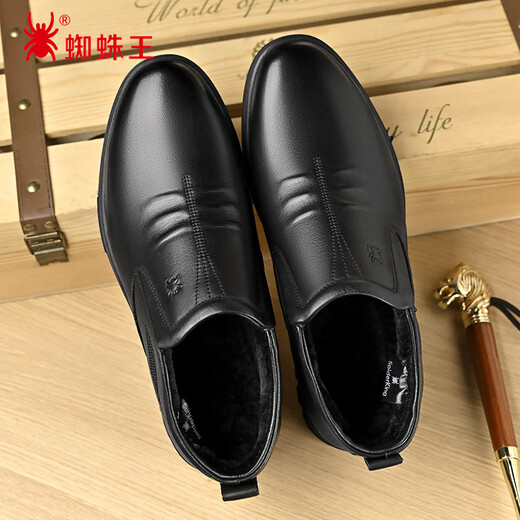 Spider King Leather Shoes Men's Winter Velvet Warm Cotton Shoes Business Casual Middle-aged and Elderly Dad Shoes Black Velvet 40