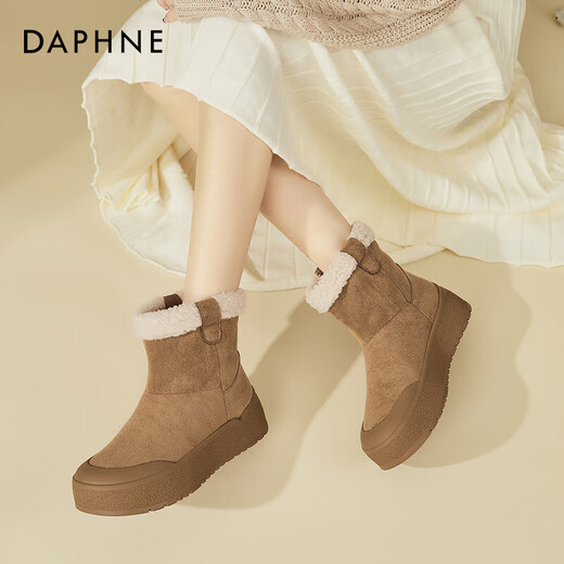 达芙妮（DAPHNE）厚底短靴女2024秋冬季新款百搭加绒保暖雪地靴时尚短靴棉鞋女靴子 卡其色 37
