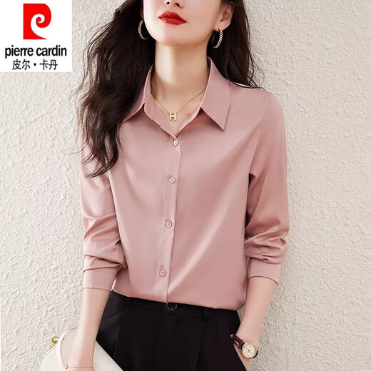 Pierre Cardin heavyweight acetate silk long-sleeved shirt for women 2026 spring and autumn new style versatile solid color mulberry silk shirt for women dark blue L 100-110Jin Jin equals 0.5 kg