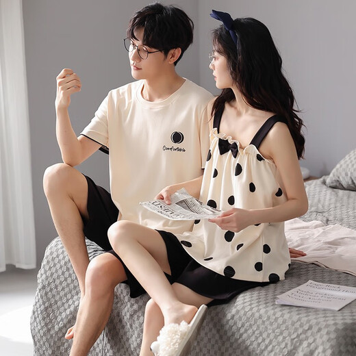 Daizixin 2 conjuntos de pijamas de pareja para tirantes de verano para mujeres, juego de dos piezas de chaleco de algodón puro de manga corta Traje de verano para hombres delgados DD9903 Mujeres XL+Hombres XL