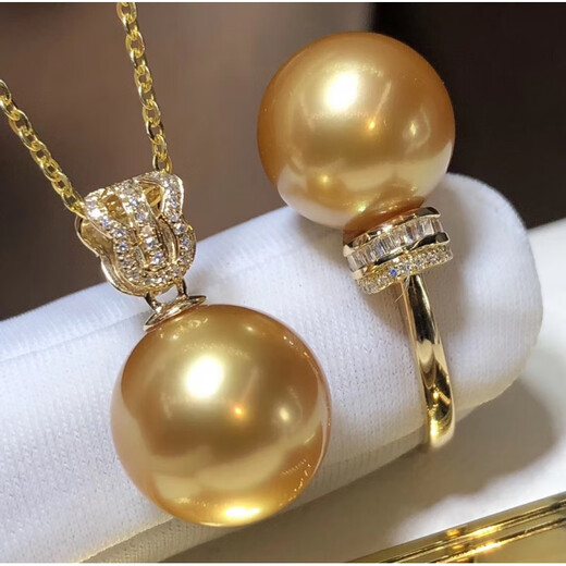 Junso Pearl South Sea Gold Beads South Sea Gold Beads Pendant Perfect Round 14mm Single Pearl Necklace Ring Temperament Simple Queen Pearl Set Ring + Pendant
