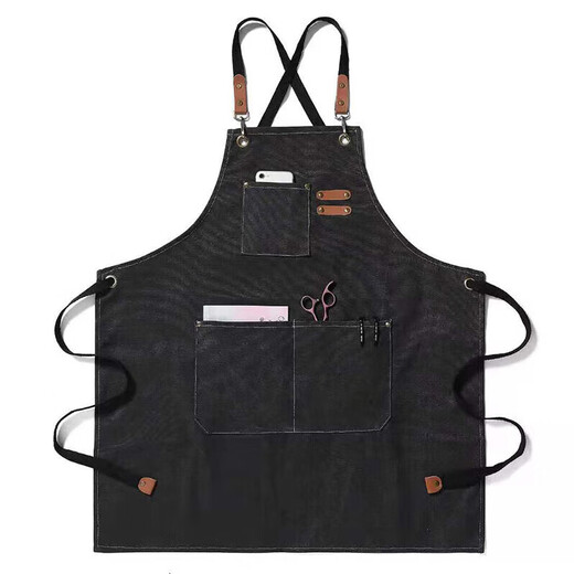 Pinzhide fashionable canvas apron denim oil-proof, dust-proof and waterproof kitchen restaurant apron thickened wear-resistant work clothes black