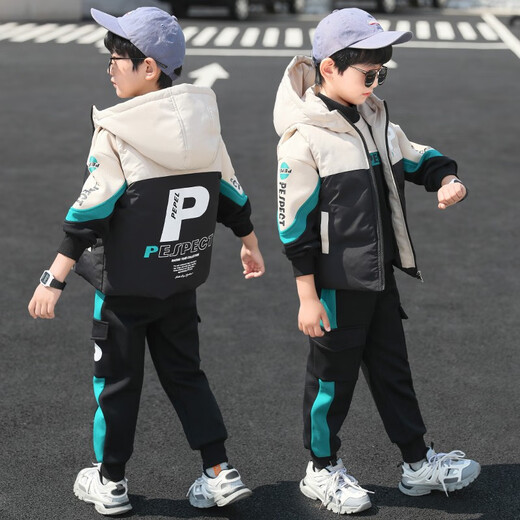 Three-piece set Monkey Brother Children's Clothing Boys' Velvet Suit Winter Clothes New Thickened Medium and Large Children's Winter Vest + Sweatshirt + Casual Pants Boys Student Three-piece Set 3-15 Years Old Trendy Off-White 140 (Recommended Height Around 130CM)