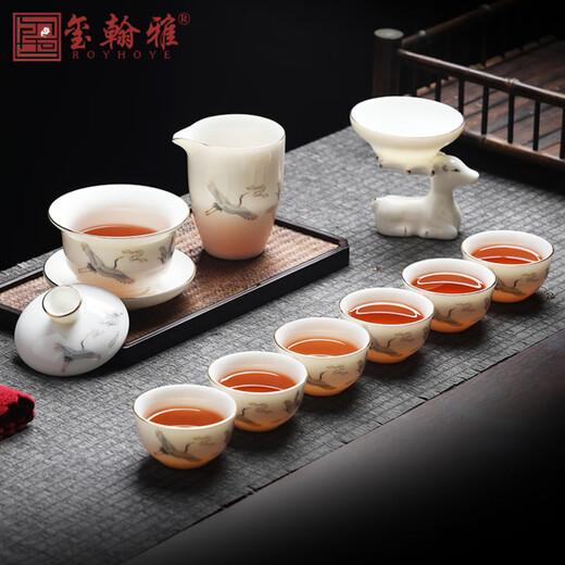 ROYHOYE mutton-fat jade tea set high-end Dehua white porcelain three-capacity bowl teacup light luxury tea set household teapot set leisurely content + teapot + six gentlemen + tea wash