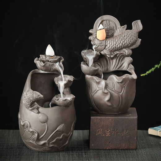 Yuxuan purple clay tea pet backflow incense burner koi ornaments fish playing in the lotus pond handmade cute fortune-enhancing pieces tea table tea play carp backflow incense burner fish playing in the lotus pond