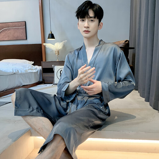 
Yalu pajamas men's spring and autumn simulated silk casual mid-length nightgown summer men's loose ice silk large size bathrobe NSNY-satin zinc gray-skirt-sleeved gown L [Suggested 90-135Jin[Jin equals 0.5 kg]]