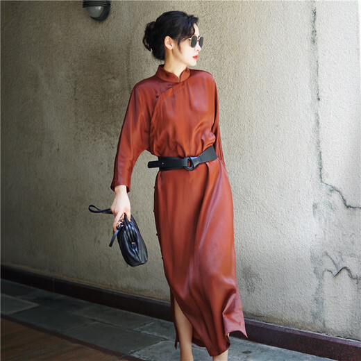 Huaying Yaoyao FAYINYOO half-leaf silk red cloud gauze dress with oblique front loose retro new Chinese style temperament tonal robe spring and summer H3291 brown red S