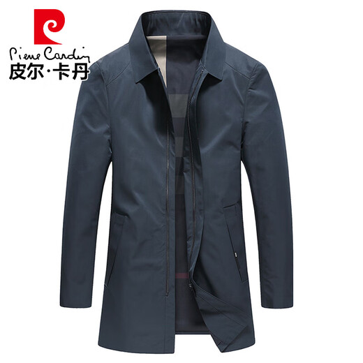 Pierre Cardin 2026, новая осенняя ветровка, мужская деловая повседневная ветровка средней длины с лацканами среднего возраста, простое и универсальное весенне-осеннее пальто синего цвета 190/XXXL