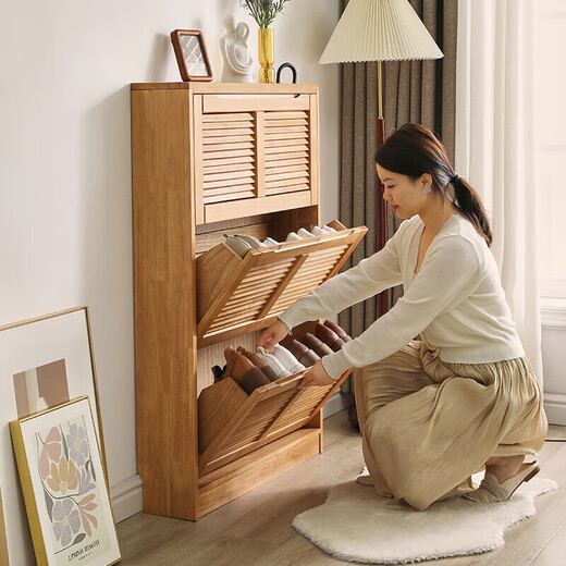 Jiayi solid wood shoe cabinet at the entrance of the house modern minimalist entrance hall all-in-one cabinet ultra-thin flip door free installation storage cabinet
