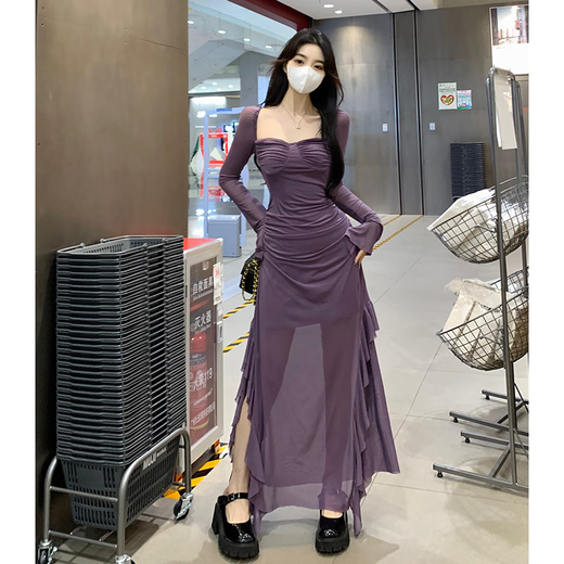 西儿气质辣妹风绝绝紫方领连衣裙女荷叶边拼接显瘦开叉气质包臀长裙 紫色连衣裙 L