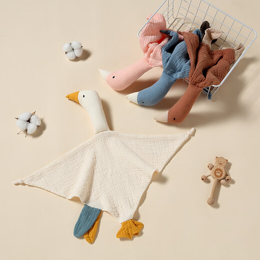 Jingmengyuan wrinkled cloth soothing napkin, baby can bite the doll, sleeping baby, soothing baby to sleep, pure cotton gauze little swan hand puppet, khaki umbrella (goose) 1 pack