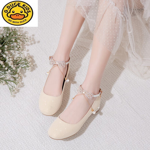 G.duck girls' leather shoes, princess shoes, medium-sized children's performance shoes, small host dress shoes, children's high-heeled single shoes, crystal shoes, white, size 18.5, 35