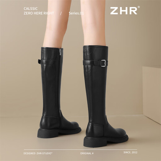 ZHR long boots for women, fashionable pleated knight boots for women, winter plus velvet, thick-soled women's boots, BL323A, black 38