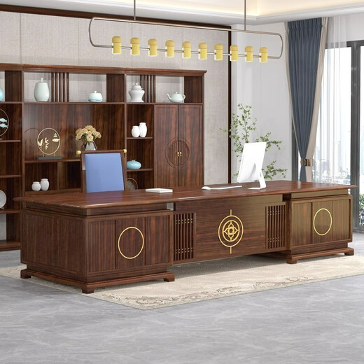 YARXCHEG new Chinese style solid wood desk boss desk ebony wood president office high-end executive desk furniture combination set 2.4m desk (golden sandalwood)