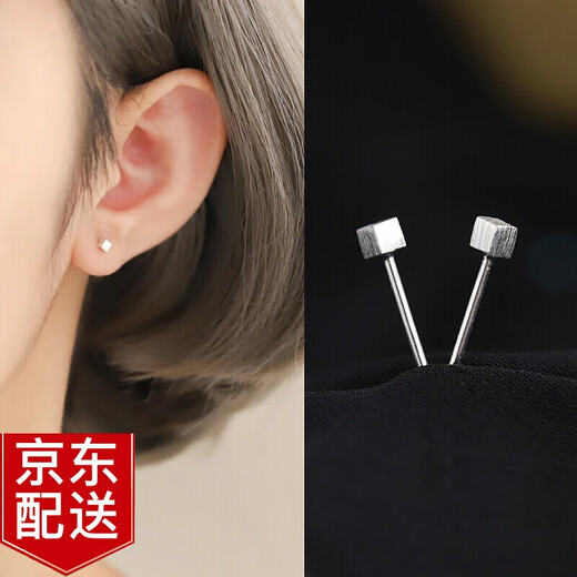 Warme Farben S925 Silver Needle Earrings for Women Brushed Three-dimensional Cubes Simple Sleeping No Need to Pick Up Ear Holes Personalized Men's and Women's Earrings A Pair of Square Earrings