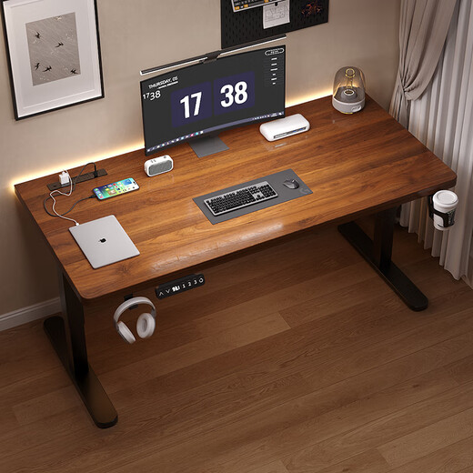 Hongtan solid wood electric lifting table computer table desk student home desk gaming table lifting table workbench 3CM all solid wood desktop single motor black walnut + black frame 140*60*0cm