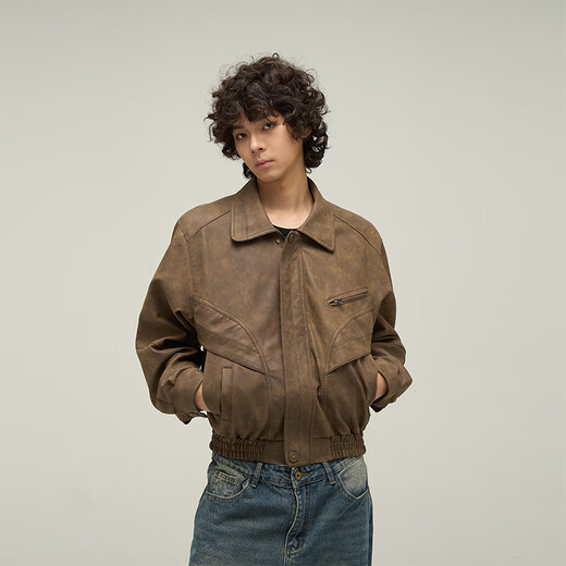 Weilang's shop American brown distressed leather jacket men's trendy brand handsome retro Maillard cotton jacket couple New Year Brown L