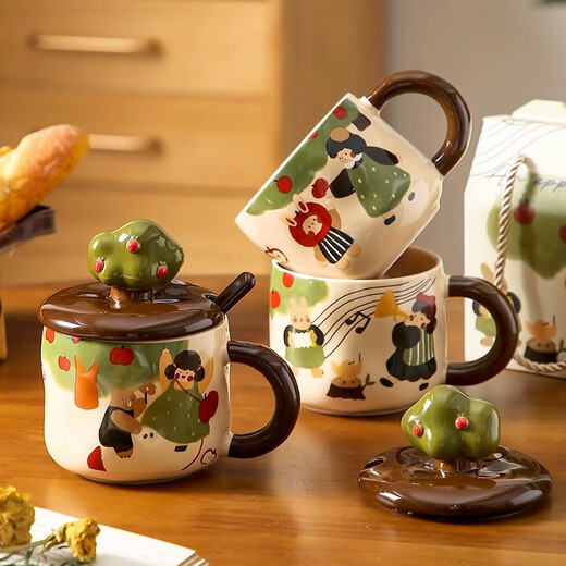 Yunshun mug with lid, spoon, water cup, ceramic cup, New Year's Day, Christmas gift, best friend's birthday gift, home coffee cup, Apple tree apple rabbit (lid + spoon) 380ml (gift box)