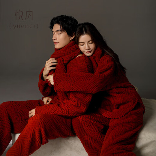 Yuenei red pajamas wedding newlyweds suit autumn and winter coral velvet thickened home clothes for men and women zodiac year 88627 lucky red with scarf men's L (male 110-140 Jin Jin equals 0.5 kg / female 110-120 Jin Jin equals 0.5 kg)