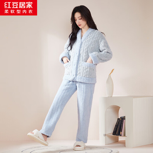 Hongdou Home Flannel Pajamas Women's Winter Contrast Color Jacquard Thickened Women's Home Clothes Bubble Blue 165/88A