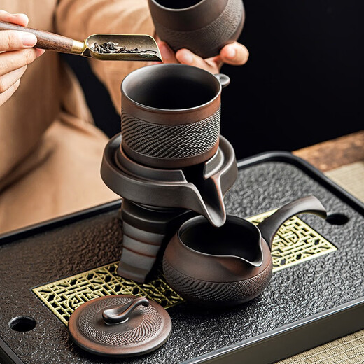 Tang Feng Purple Pottery Kung Fu Tea Set Purple Clay Retro Covered Bowl Tea Cup Household Teapot Set Stone Mill Lazy Anti-scalding Tea Making Artifact Purple Pottery Automatic Tea Maker + Male Cup