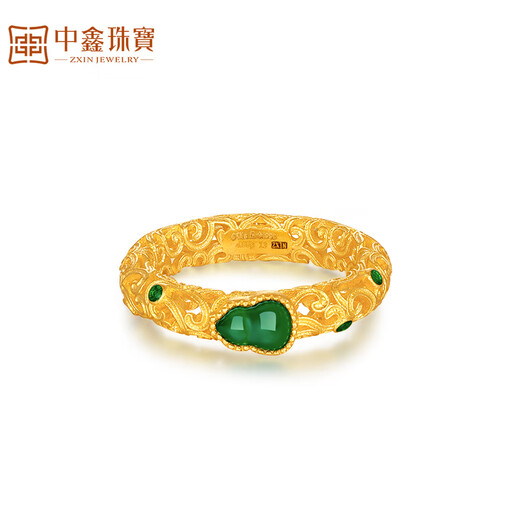 Zhongxin Jewelry Fulu Xiangyun Gold Ring Ancient Filigree Ring Full of Chrysoprase Gourd Pure Gold Ring Women's Day Gift Gold Weight 4.21 Grams (14 Circle Number)