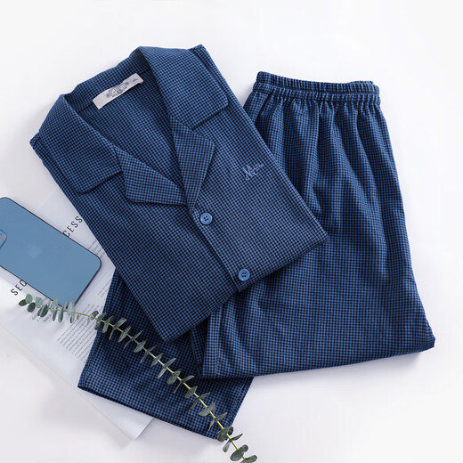 American Standard New Long Sleeve Couples Pure Cotton Pajamas Set Women's Spring Swing Houndstooth Cotton Casual Wearable Outerwear Home Clothing Men's Winter Midnight Blue XL