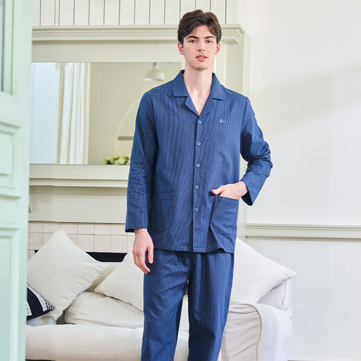 American Standard New Long Sleeve Couples Pure Cotton Pajamas Set Women's Spring Swing Houndstooth Cotton Casual Wearable Outerwear Home Clothing Men's Winter Midnight Blue XL