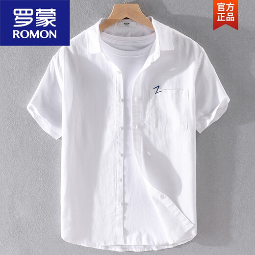 罗蒙（ROMON）日系休闲男士亚麻短袖衬衫潮流麻布衣服男装夏天棉麻料衬衣夏装薄 YY9711淡蓝色亚麻 M