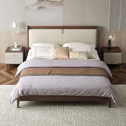 Quanyou Home Furnishing New Chinese style bed with solid wooden legs double large bed for the second bedroom 1.5x2 meters modern light luxury soft bed furniture