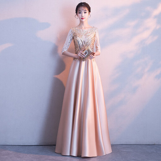 Li Baixin high-end evening dress women's new noble banquet temperament dress long host chorus performance clothing champagne color XXXL