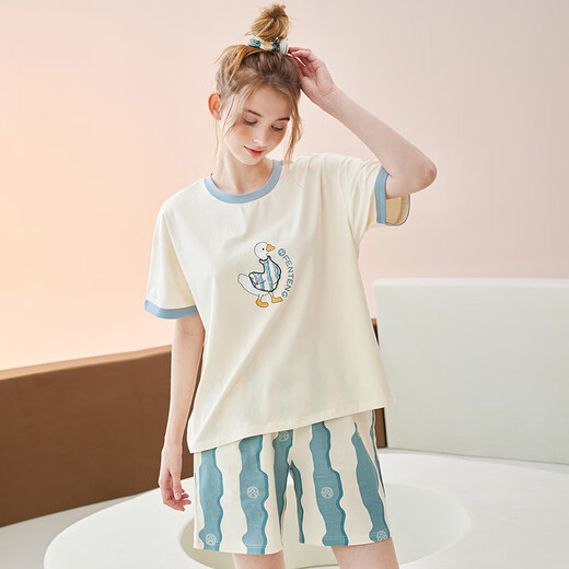 Fenton Couple Pajamas Fan Chengcheng's same style Star's same 5A antibacterial round neck striped home wear set pajamas Hulan-women's M
