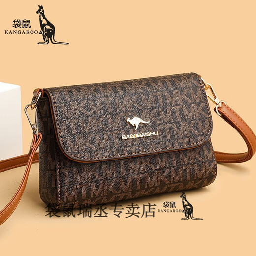 Kangaroo Brand Genuine Leather Women's Bag 2024 New Fashionable Middle-aged Mom Casual Bag Shoulder Crossbody Small Square Bag KJ Brown-With Clutch JD