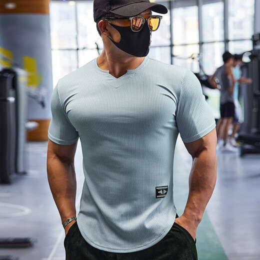 Lutielang V-neck fitness clothes coach tights quick-drying elastic men's muscle training sports short-sleeved T-shirt summer pink M