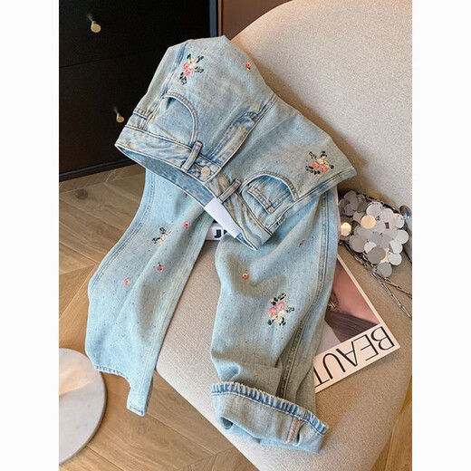 Mu Youyu's new Chinese style Chinese style flower embroidered straight jeans for women 2024 spring design high waist slimming wide-leg pants 6623 blue - summer thin jeans S-summer thin jeans