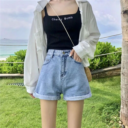 Wang Ximai denim shorts women's summer thin style 2023 new straight high waist thick legs slimming wide leg a-line shorts A802 light blue shorts S recommended within 95Jin [Jin equals 0.5kg]