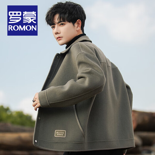 ROMON Winter Woolen Jacket Men's Double-sided Woolen Coat Short Korean Style Lapel Casual Woolen Jacket for Young and Middle-aged Men Gray Green (67.3% Sheep Wool) XL (151-165Jin Jin is equal to 0.5kg)
