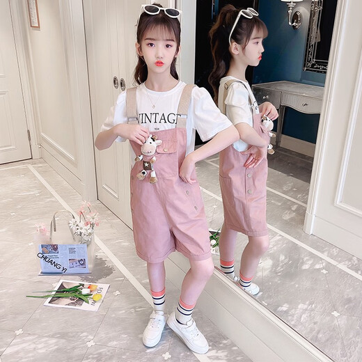 小咕嘟熊童装女童套装夏装中大儿童装休闲短袖两件套小女孩衣服背带裤服装 粉色 130