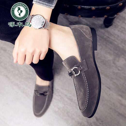 啄木鸟2025新款春季一脚蹬懒人豆豆鞋男士英伦尖头休闲皮鞋磨砂皮潮鞋子 866绿色 43