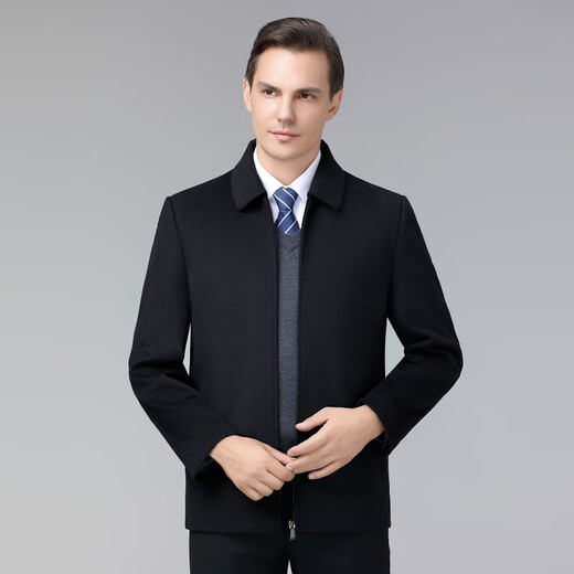 Hengyuanxiang 100% Wool Jacket Men's Spring Autumn and Winter Middle-aged Men's Dad's Clothes Leading Cadres Casual Woolen Wool Jacket Navy Blue Zipper Style L (175)